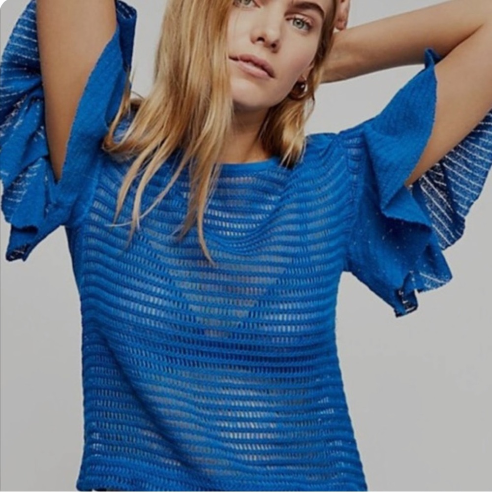 Free People Ruffle Sleeves Knit Blue Blouse Size XS